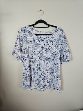 White Tee with Blue Floral Stripe Print